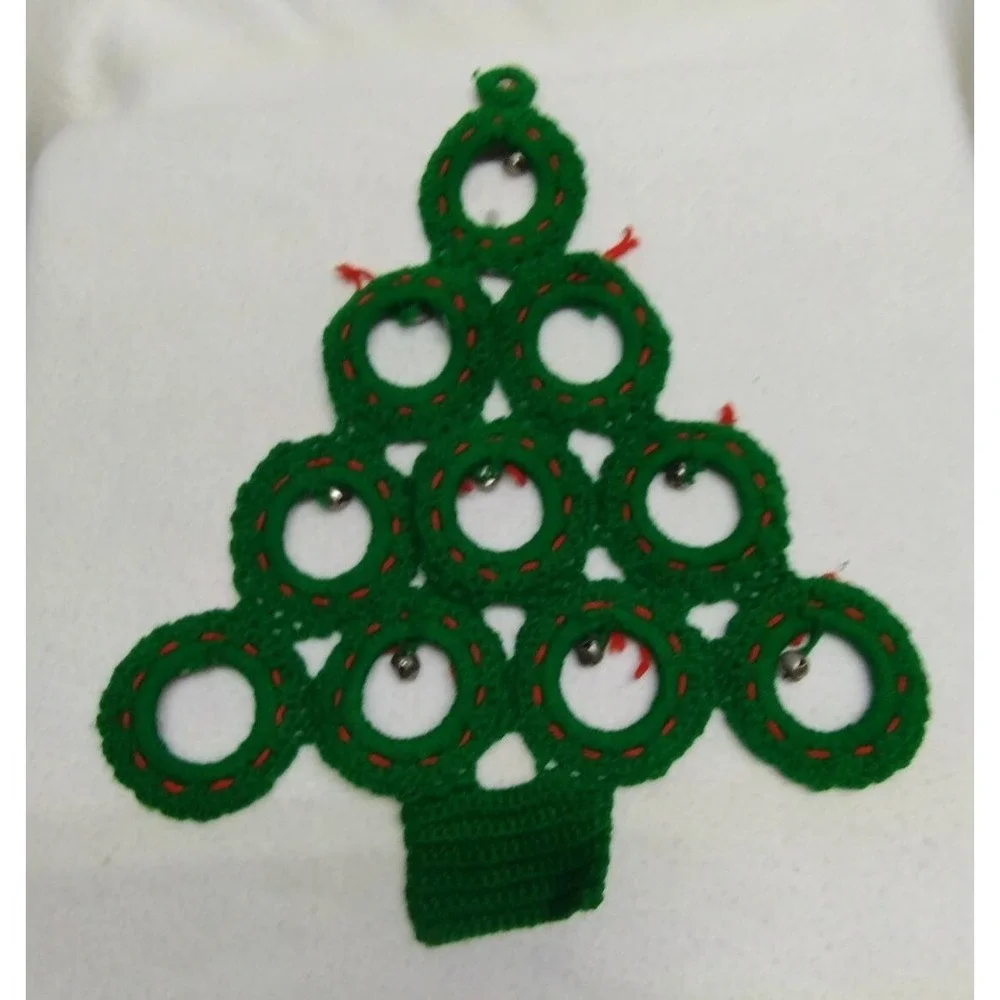 Handmade‎ Crocheted Green Christmas Tree Wreath Ornament Bells Red Accents